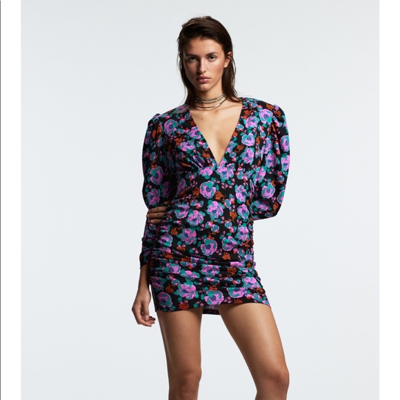 Zara v/neck floral dress with shoulder pads and side vents - Picture 9 of 11